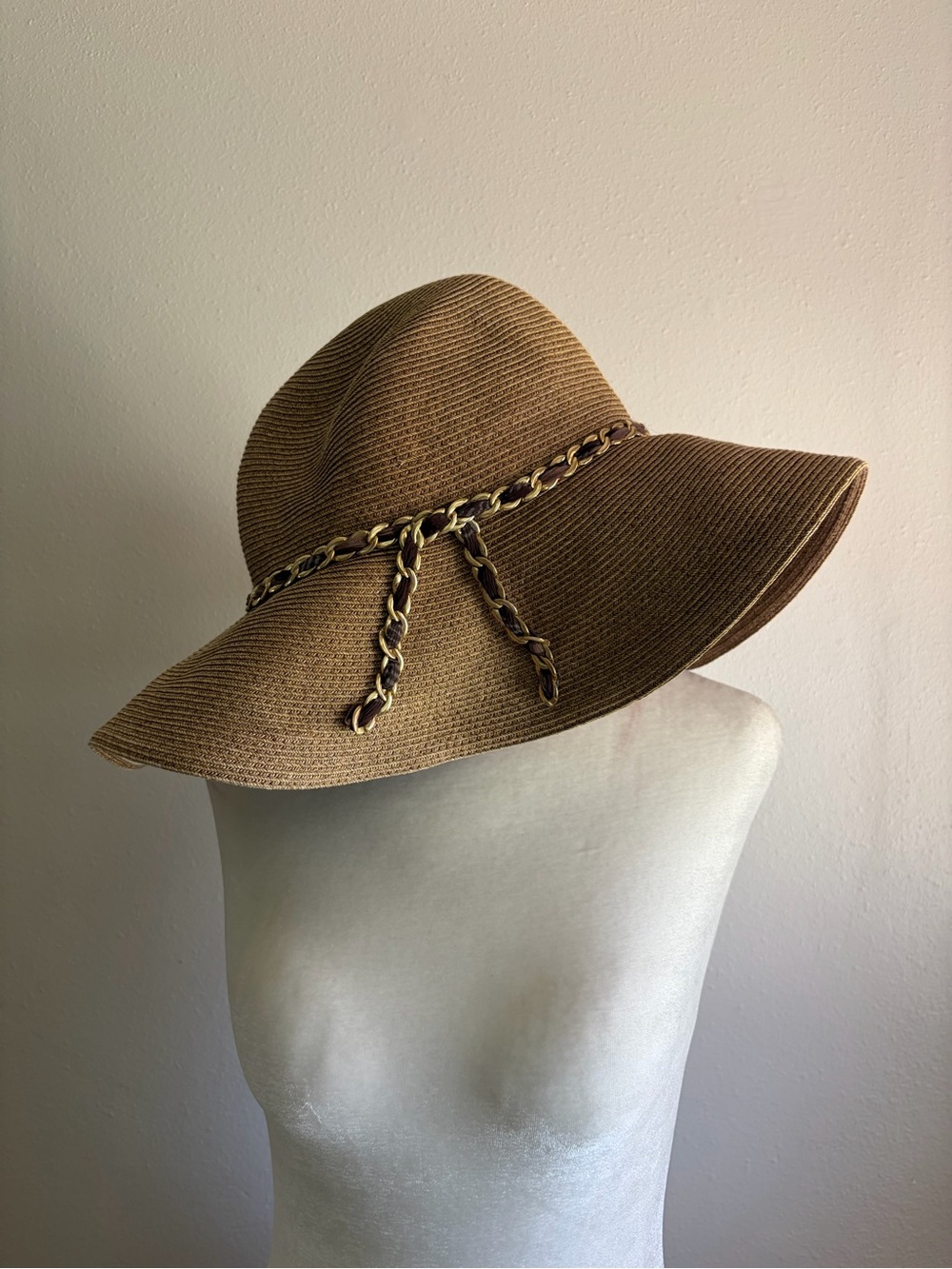 Eugenia Kim Brown Wide-Brim Straw Hat with Braided Chain Accent